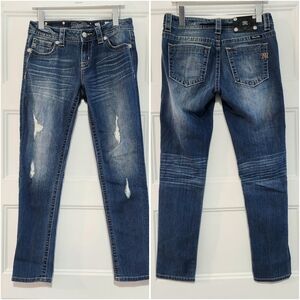 Miss Me 28x27 Mid Rise Cuffed Skinny Jean Distressed Medium Wash Stretch Ripped